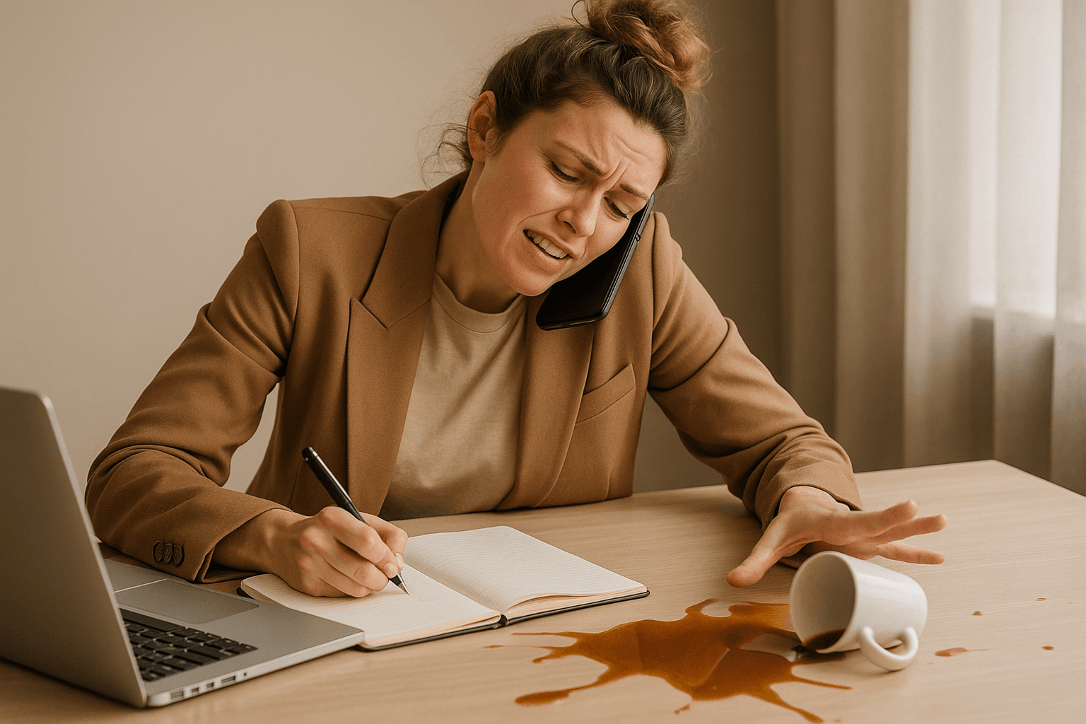 VDI débordée entre téléphone, carnet et café renversé