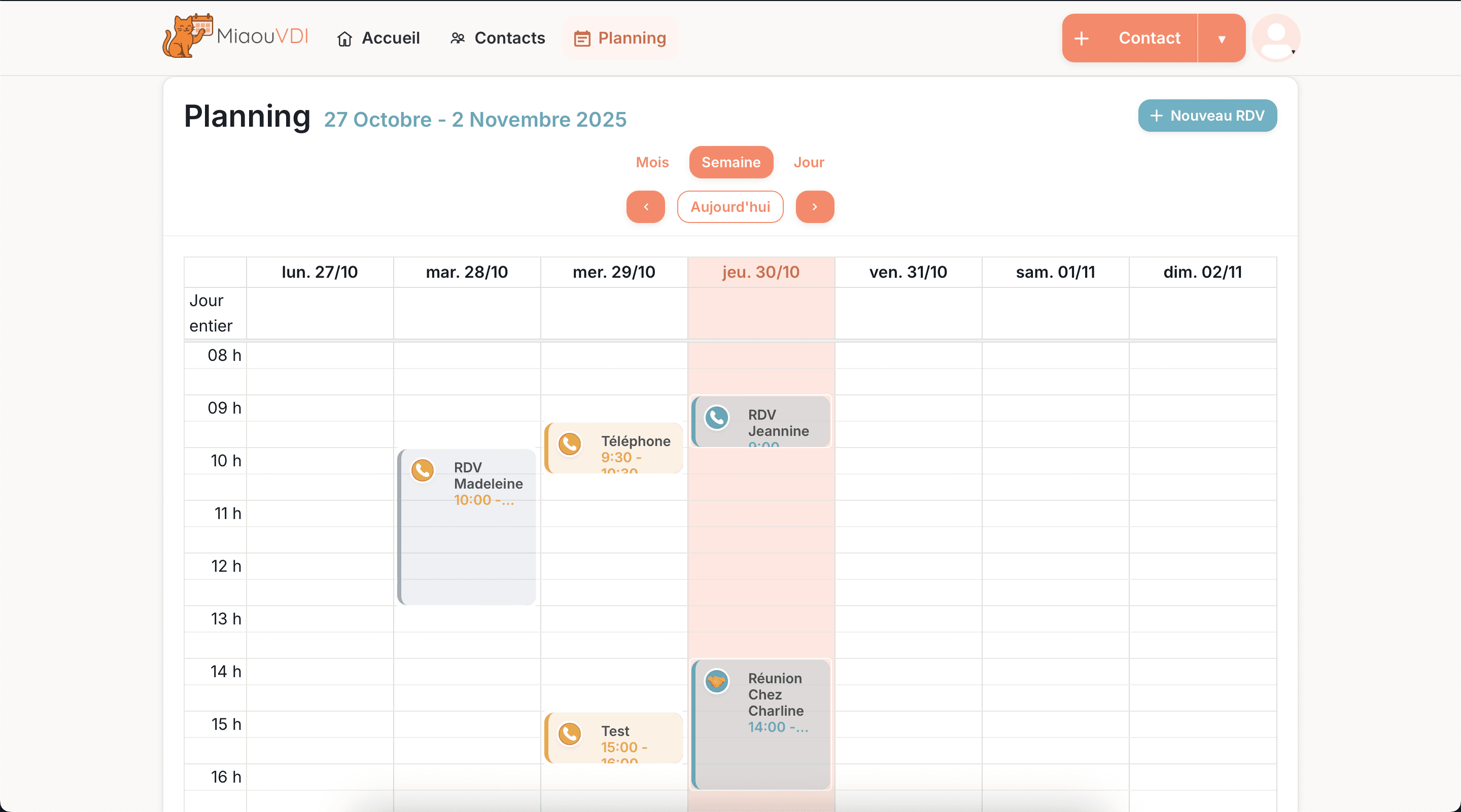 Agenda MiaouVDI avec événements colorés par type