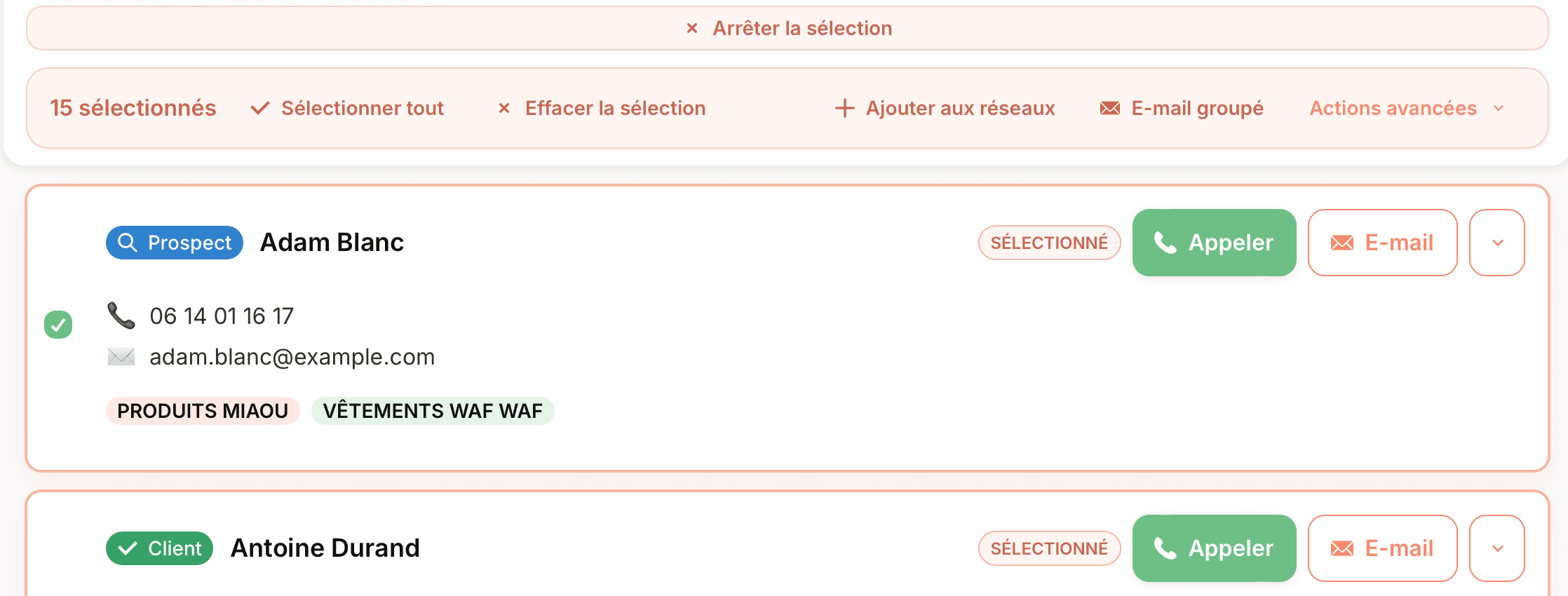 Actions rapides : mails groupés et appels depuis la liste de contacts