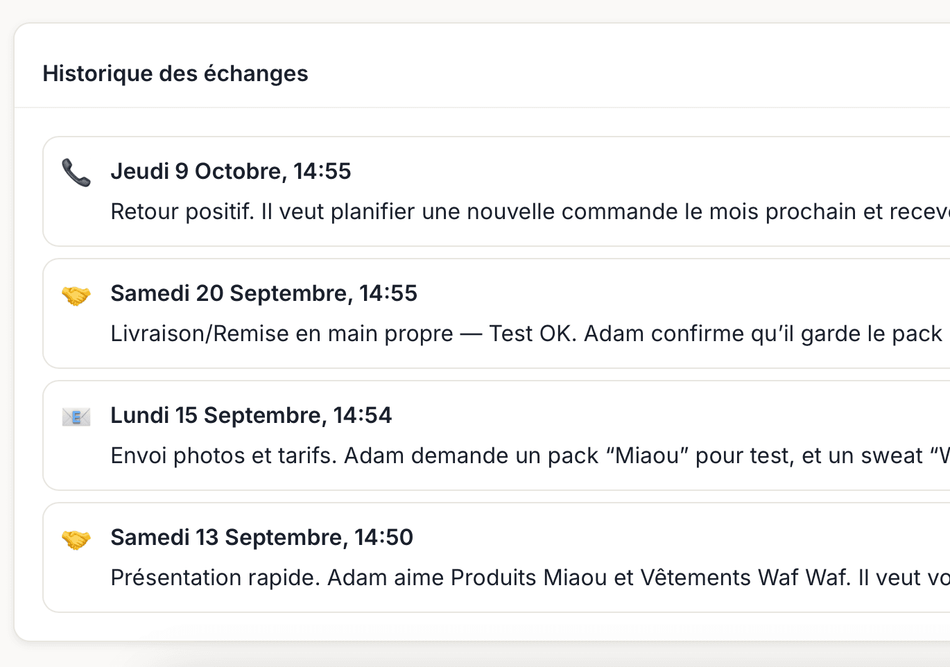 Fiche client MiaouVDI avec notes, timeline et ventes