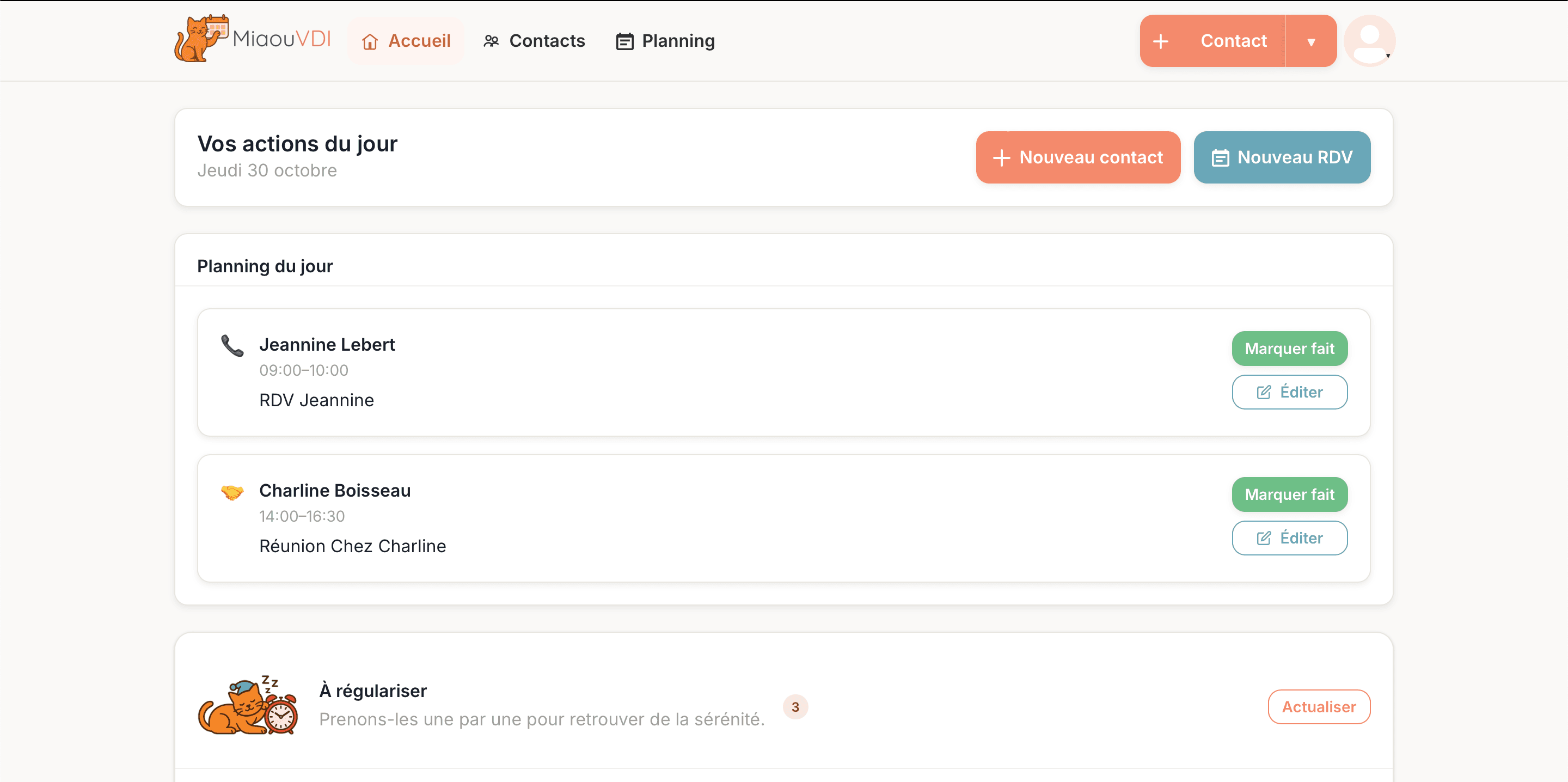 Tableau de bord MiaouVDI — priorités du jour, À régulariser